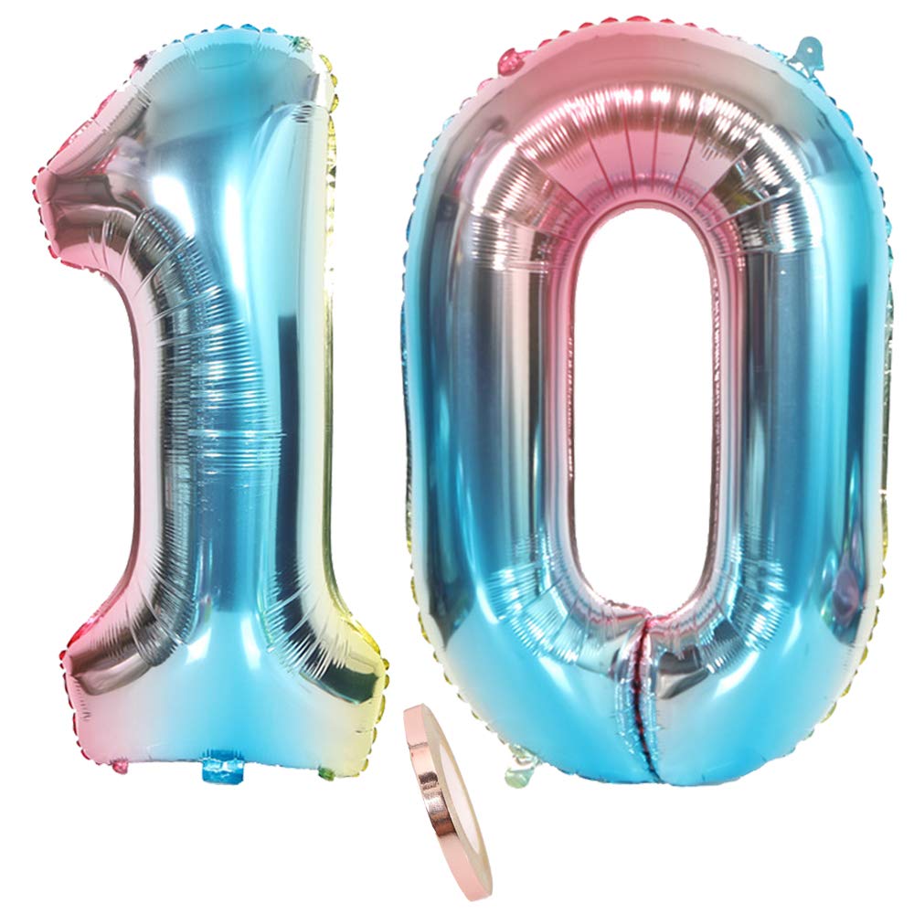 2 Balloons Number 10, Number 10 Balloon Rainbow Girl Boy Boy 32 Inch Giant Inflatable Helium Foil Balloon Blue Colourful Iridescent Balloons Figures for Birthday Party Decoration (XXXL 80 cm)