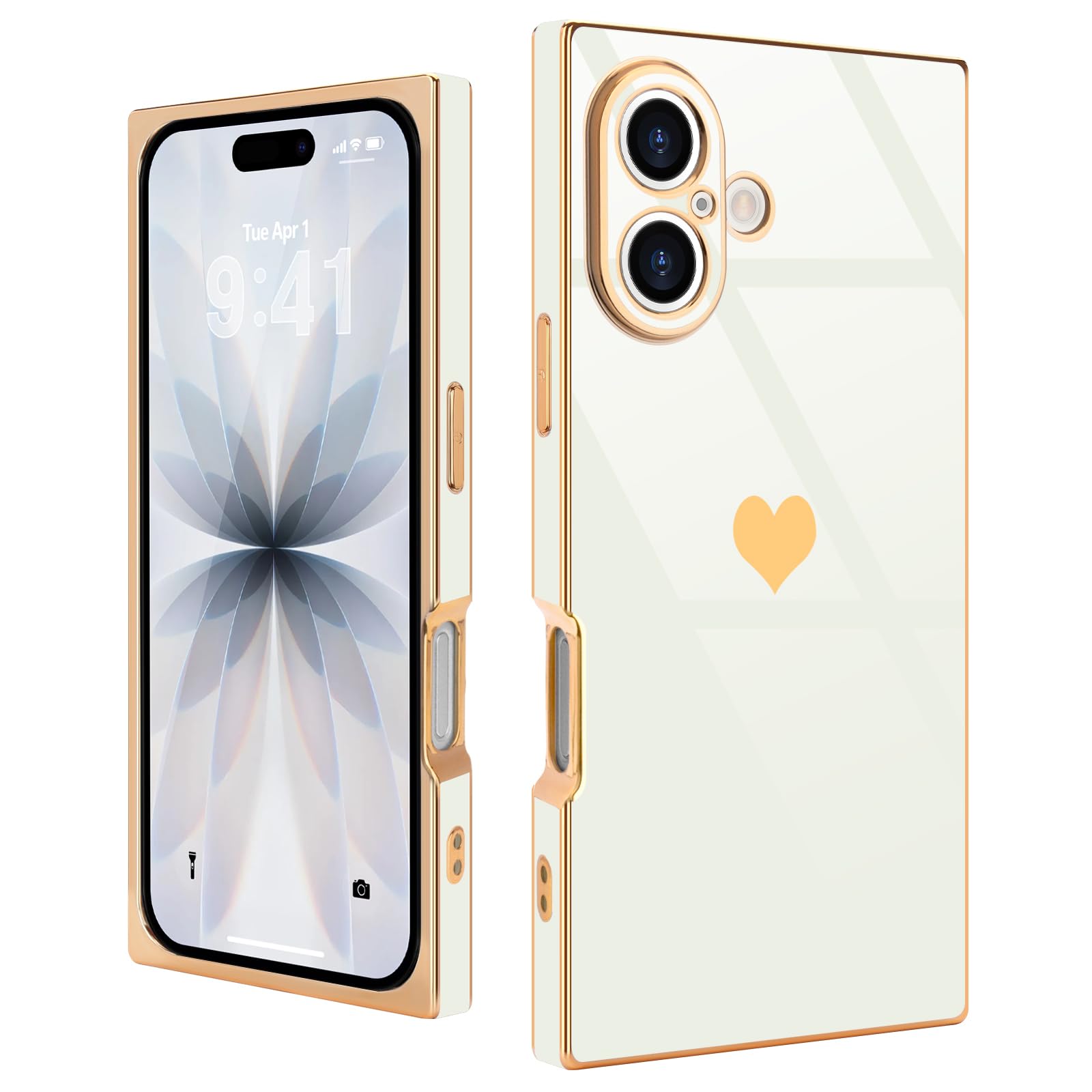 Urarssa for iPhone 17 Case Rectangle for Women Girls Cute Love Heart Pattern Luxury Plating Gold Shockproof Raised Full Camera Lens Protection Cover Phone Case for iPhone 17, White
