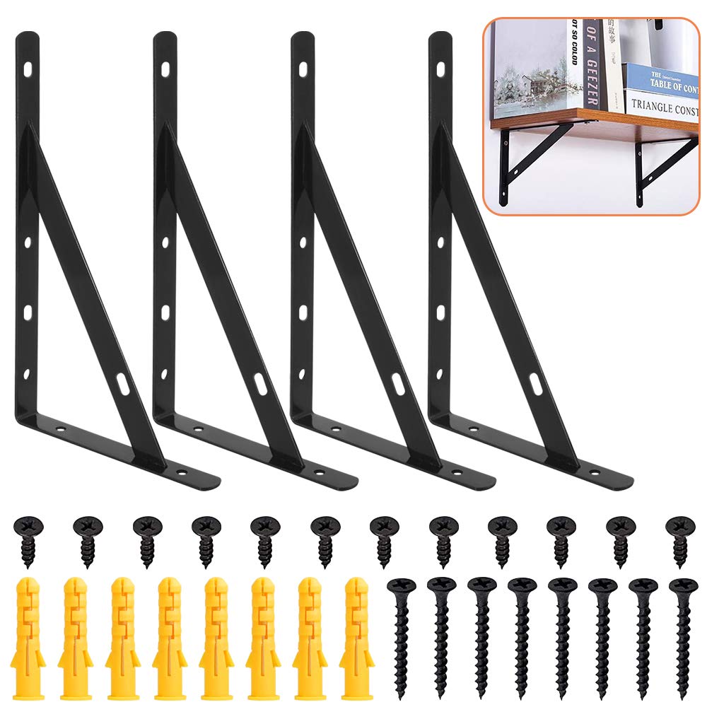 4 Pcs Wall Shelve Brackets Heavy Duty Floating Shelf Brackets Supports Screws and Wall Plugs Set 90 Degree Angle Metal Brackets Black（155x250mm）