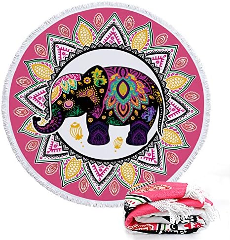 Round Roundie Elephant Style Indian Mandala Beach Towels Boho Style Blankets Microfiber Yoga Picnic Mat Ultra Soft Tapestry Tablecloth With Fringe Tassels