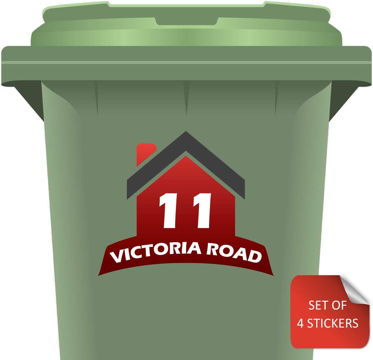 RJWprint Wheelie Bin Stickers Number & Street Name (Pack of 4) Custom