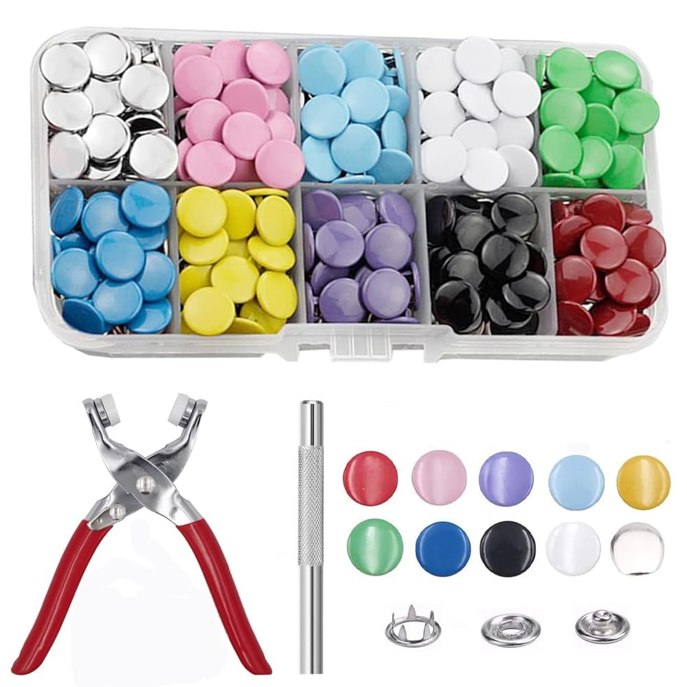 Photo 1 of 100 Sets 9.5mm Metal Snaps Buttons Tool Kit with Fastener Pliers Press Perfect for DIY Crafts Clothes Bibs Hats and Sewing,Snap Button Fasteners Kit for Fabric (Solid)