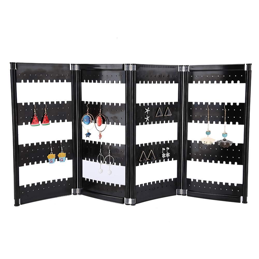 Earring Display Stand, Foldable 4-Panel Jewelry Holder Ear Studs Storage Rack Organizer(Black)