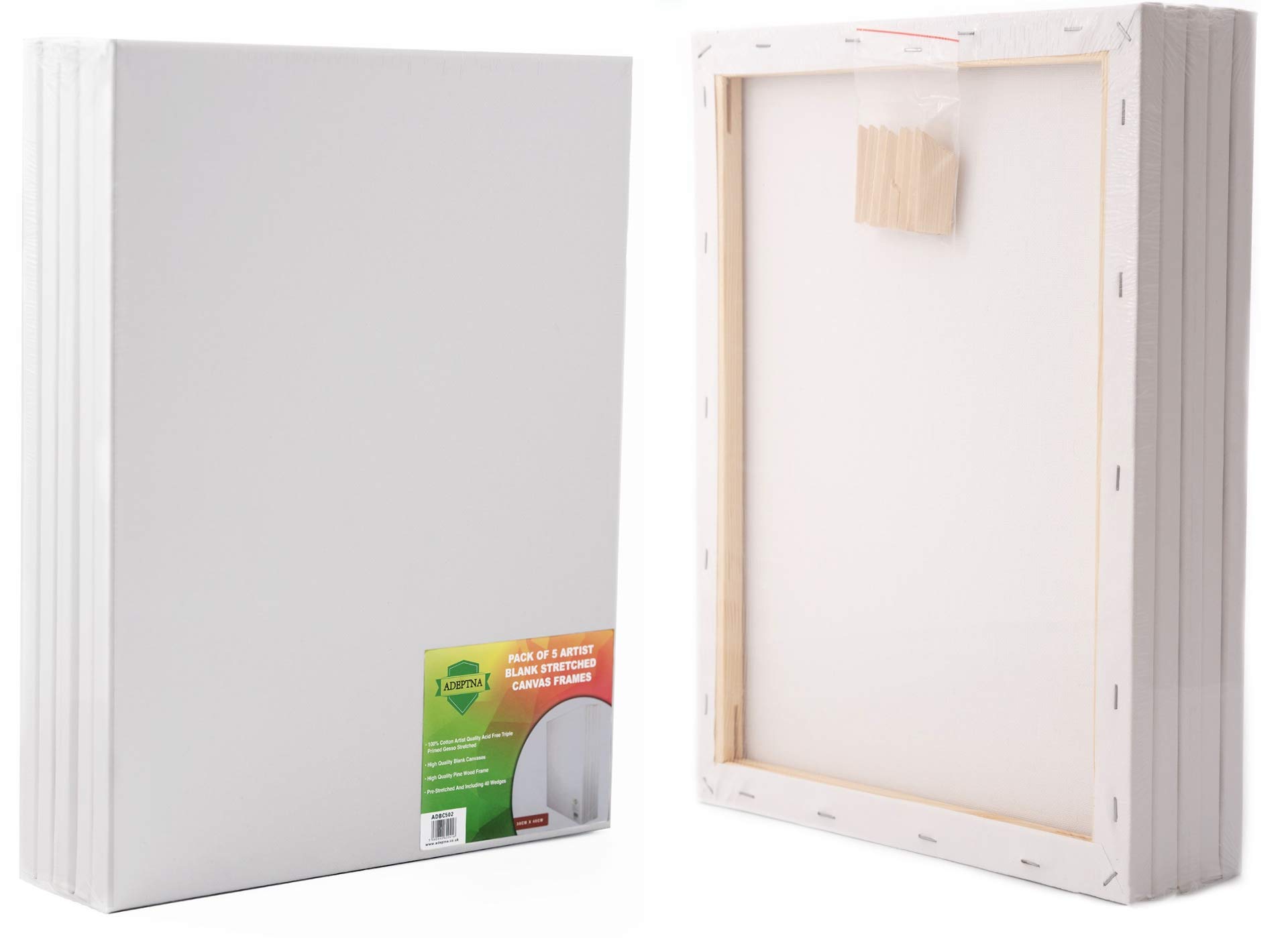 ADEPTNA Pack of 5 Artist Blank Stretched Canvas Frames - 100% Cotton Artist Quality Acid Free Triple Primed Gesso Stretched Canvas Frames with 40 Tightening Keys (30CM X 40CM)