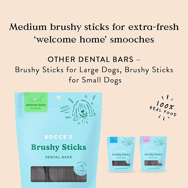 BOCCE’S BAKERY DAILIES BRUSHY STICKS TO SUPPORT ORAL HEALTH & FRESH BREATH, WHEAT-FREE DENTAL BARS FOR DOGS, MADE WITH REAL INGREDIENTS, BAKED IN THE USA, ALL-NATURAL COCONUT & MINT, MEDIUM DOGS
