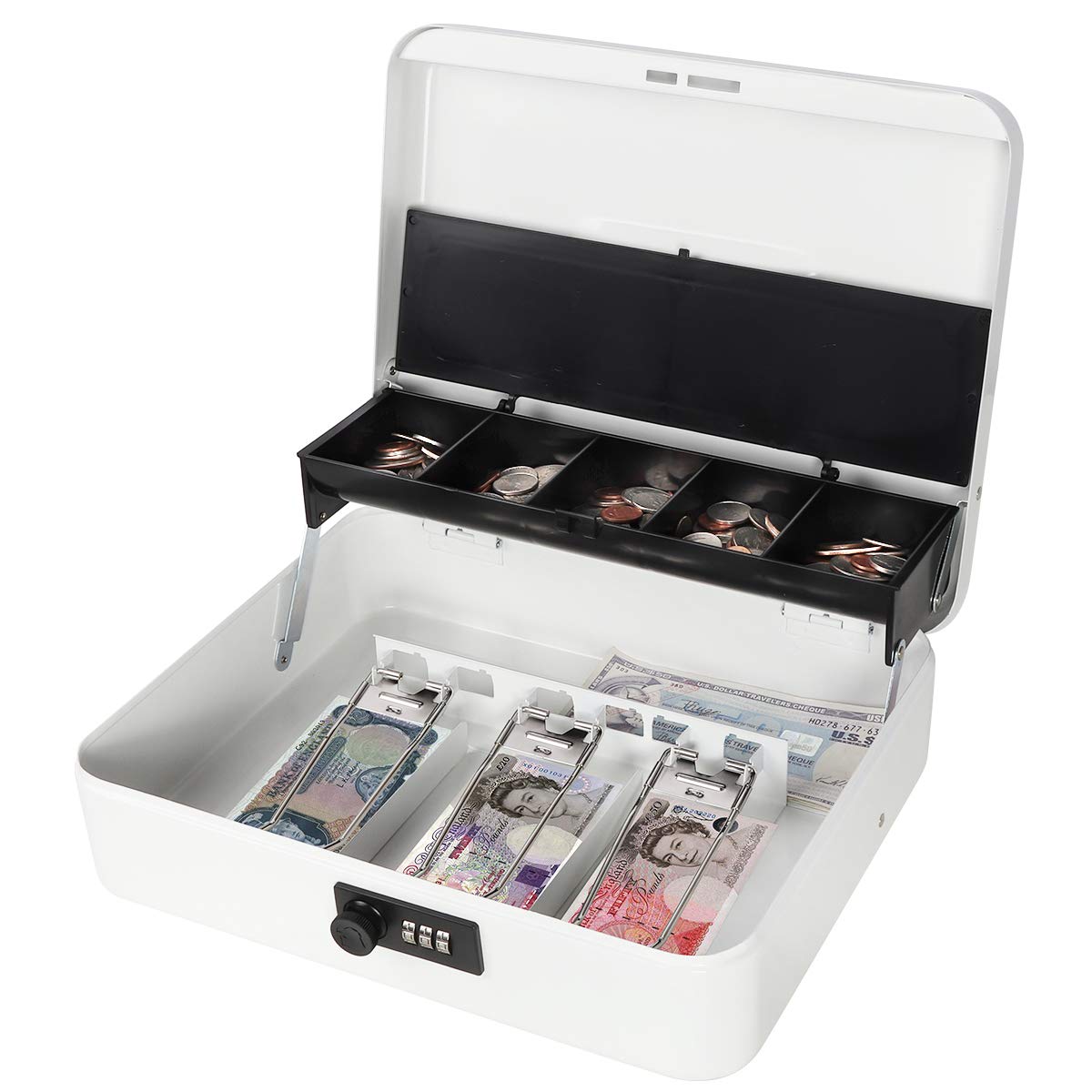 Parrency Locking Large Metal Cash Box with Money Tray, Money Box with Combination Lock, 11.8L x 9.5W x 3.5H Inches, White