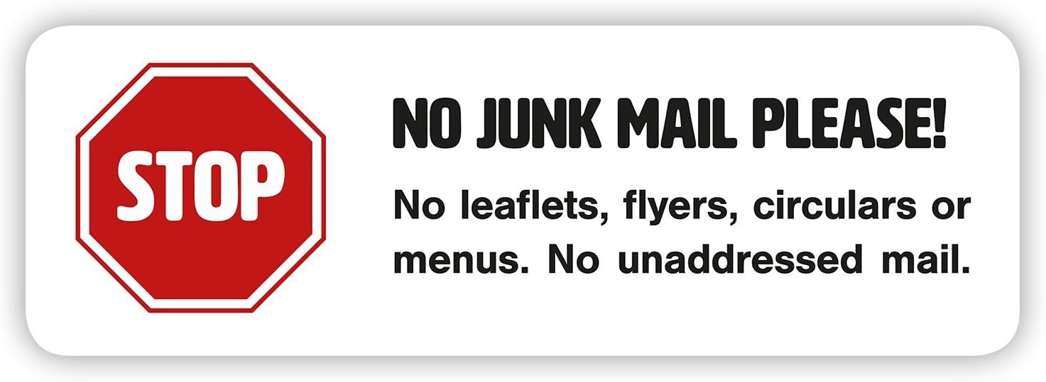 4 x No Junk Mail Sticker Set - Self-adhesive in White for Letterbox (Small 66 x 22 mm)
