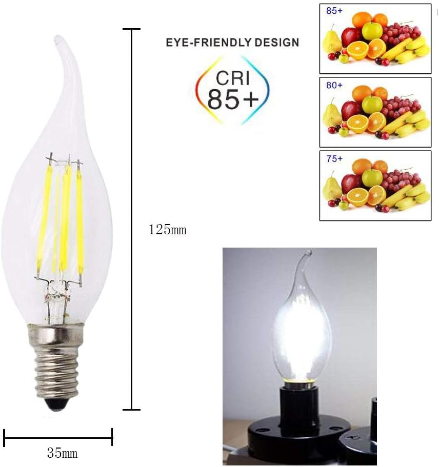 BANGSHUO Pack 10 E14 Vintage Candelabra LED Bulb 4W C35 400 Lumens Cool White 6000K Chandelier Light Bulbs C35 Filament LED Candle Bulb Flame Tip No Dimmable - Image 3