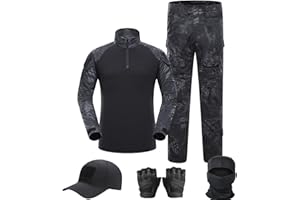 SANYETS Tactical Suit,Combat Pants and Shirt,Cap Gloves Balaclava Set,Black Camo Uniform Men's Military Airsoft Gear