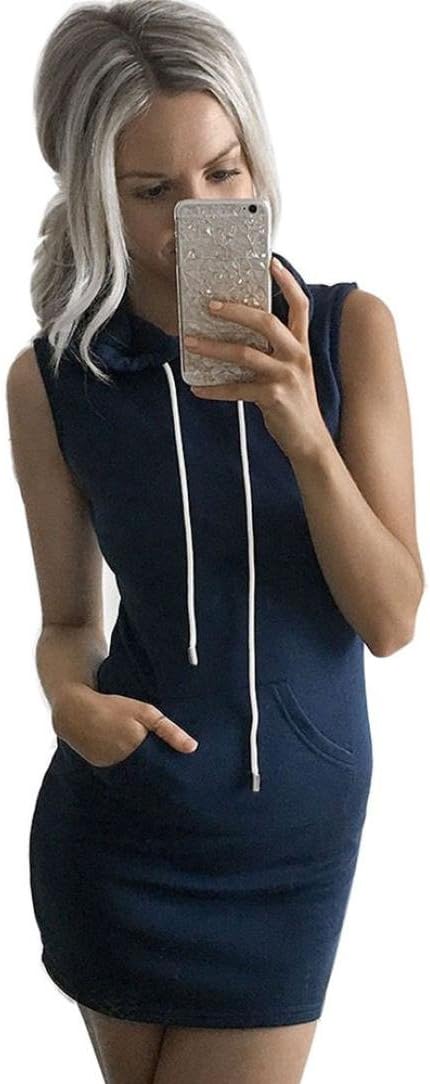 YKA Women New Long Sleeveless Sweater Dress Hoodie Slim Dress Hooded Sports Top