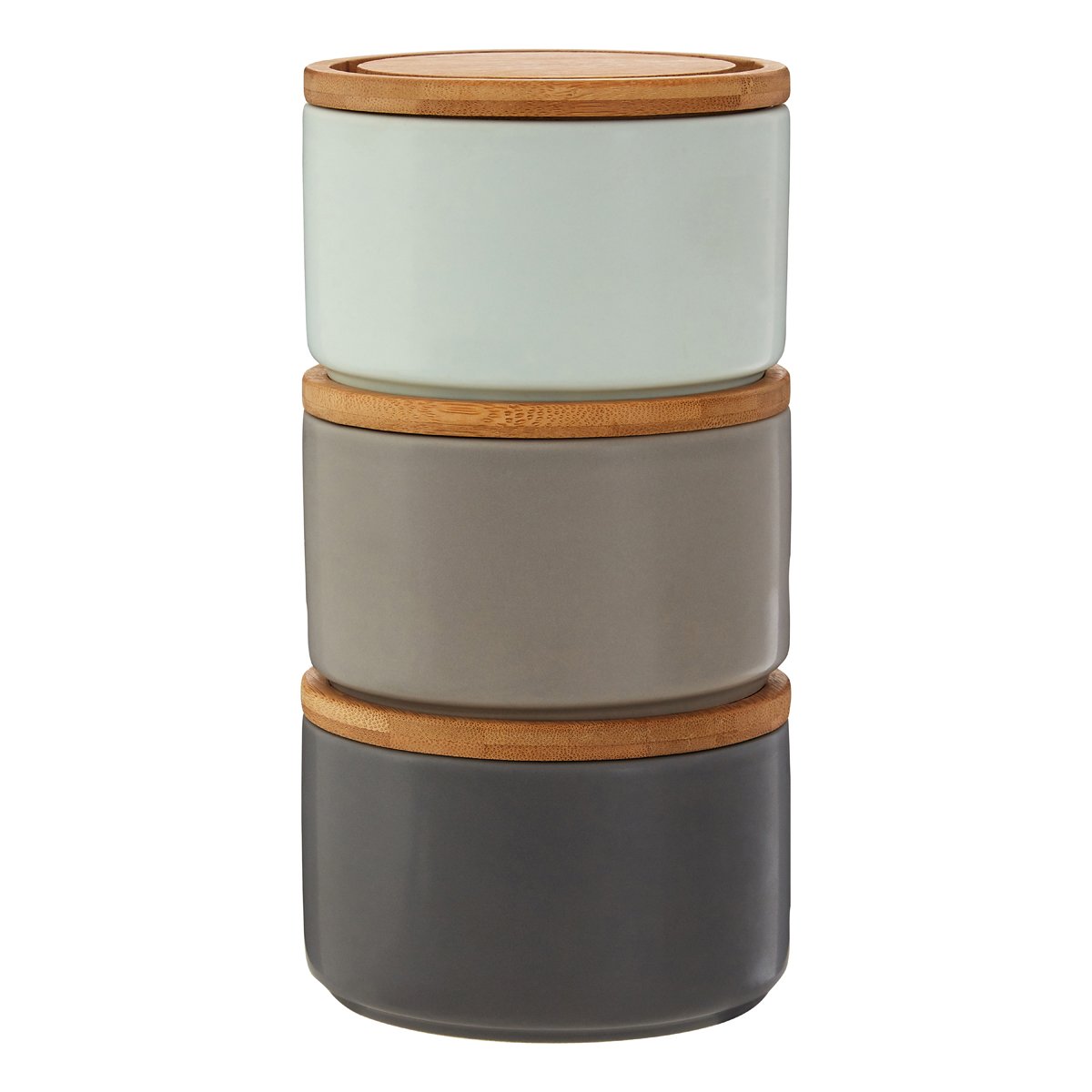 Premier Housewares Storage Canisters, Stackable, Grey/Pale Blue/Bamboo Lids - Set of 3, 12x12x8cm