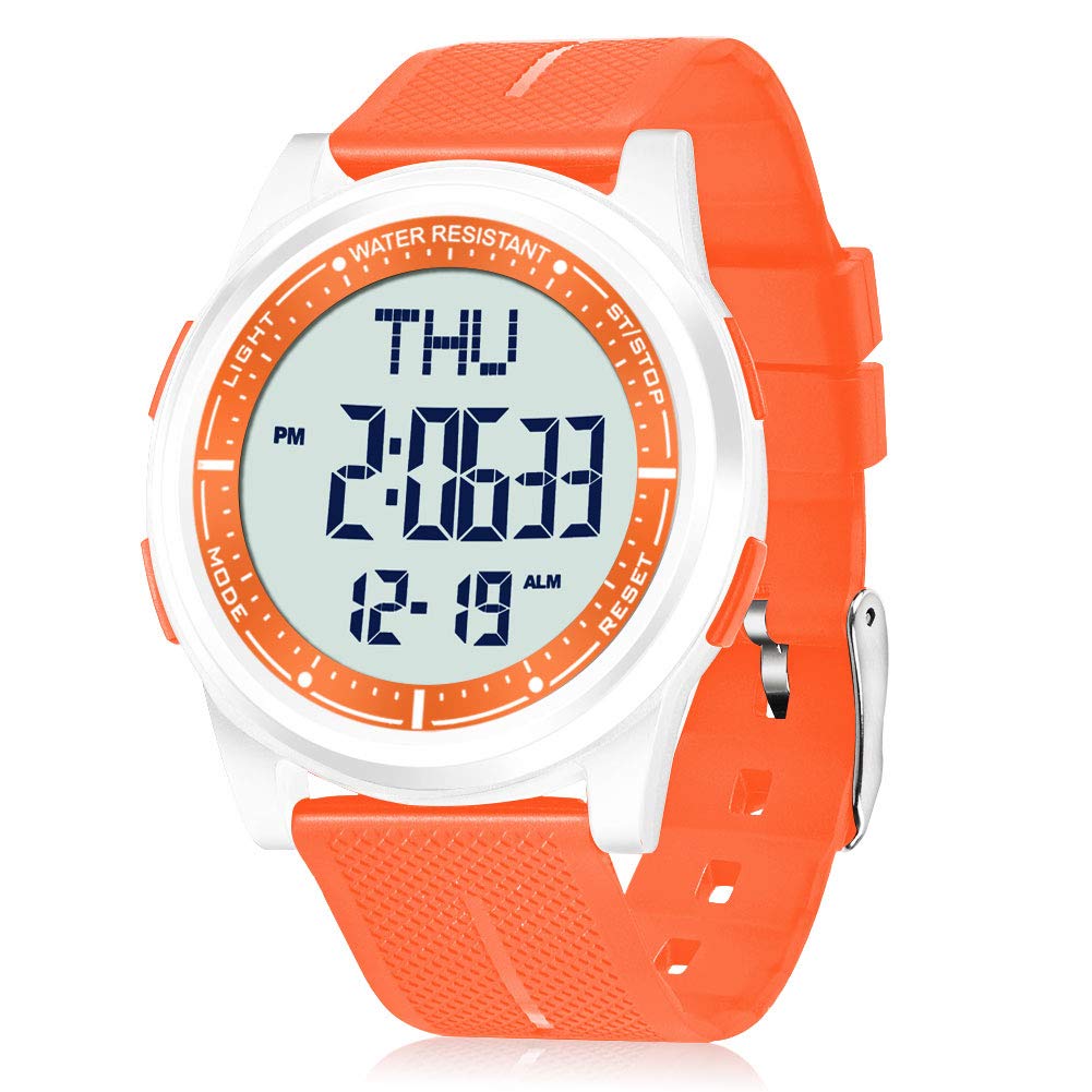 WIFORT Women Digital Sports Watch Ultra-Thin and Wide Angle Vision Design, 5ATM Swimming Waterproof, Countdown Dual Time Split Time Stopwatch Backlight Alarm Mode, Wrist Watches for Boys Girls Orange