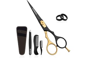 B-FOKUS 5.5” Beard and Mustache Scissors, Black and Gold German Stainless Steel Beard Scissors, for Hair Trimming, Beard Scissors for Men Come with Elegant Pouch, Tweezers and Comb Set (Black Gold)