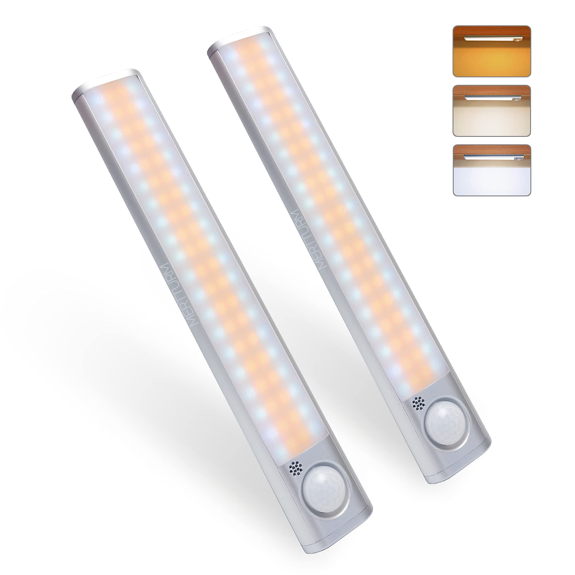 Cabinet Light 80 LED [2 Pack], Cabinet Lamp with Motion Sensor, USB Rechargeable, 3 Colour Temperatures, LED Light with Magnetic Strip for Kitchen, Hallway, Stairs