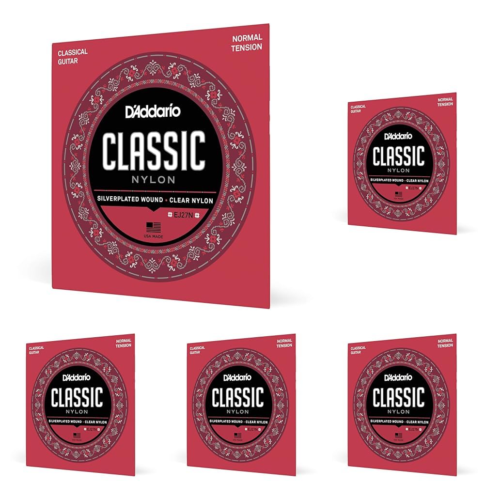 D'Addario Classical Guitar Strings - Silver Plated Wrap With Nylon Core - Clear Student Trebles - Normal Tension, 5-Pack