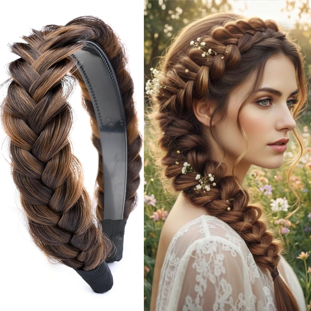 GLEDOLA Wide Messy Braided Headband with Teeth Synthetic Hair Plaited Headband High Elasticity Braids Chunky Fishtail Braided Hair Band Hairpiece for Girls Women (Chocolate Toast) — image 1