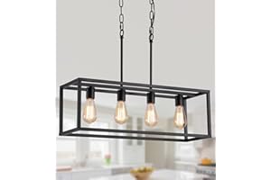 AMZASA Black Rectangle Island Lighting Rectangular Modern Industrial Chandelier 4 Lights Linear Vintage Cage Light Fixtures for Kitchen Dining Room (Height Adjustable)