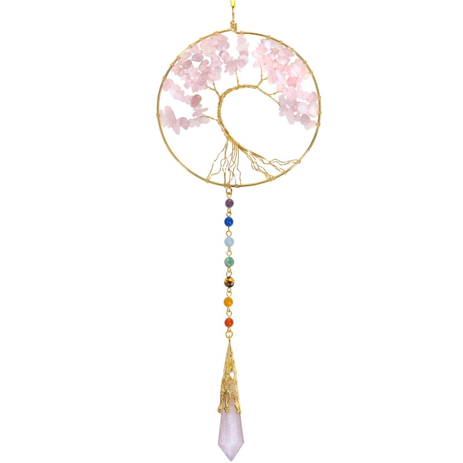 Nupuyai Rose Quartz Tree of Life Hanging Ornament, Chakra Healing Energy Crystal Point Pendent Spiritual Ornament for Home Office Wall Window Decor