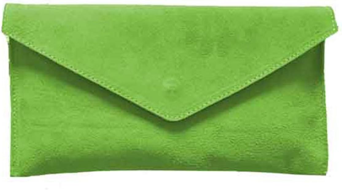 New Womens Genuine Italian Suede Leather Clutch Party Wedding Envelope Bag (Lime Green)