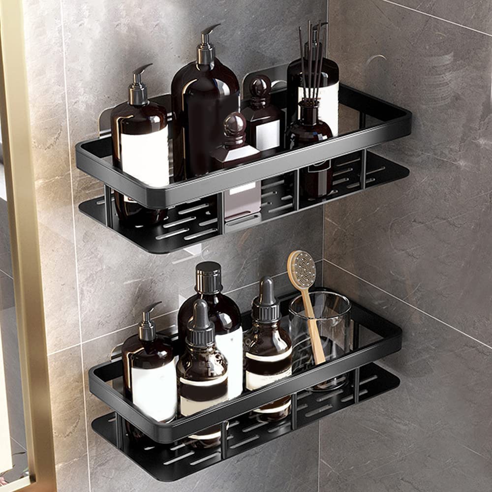Swuiokh Shower Shelf, Corner Shower Rack, No Drilling, 2 Pieces, Bathroom Rack, Aluminium, Basket, Matte Finish (Black)