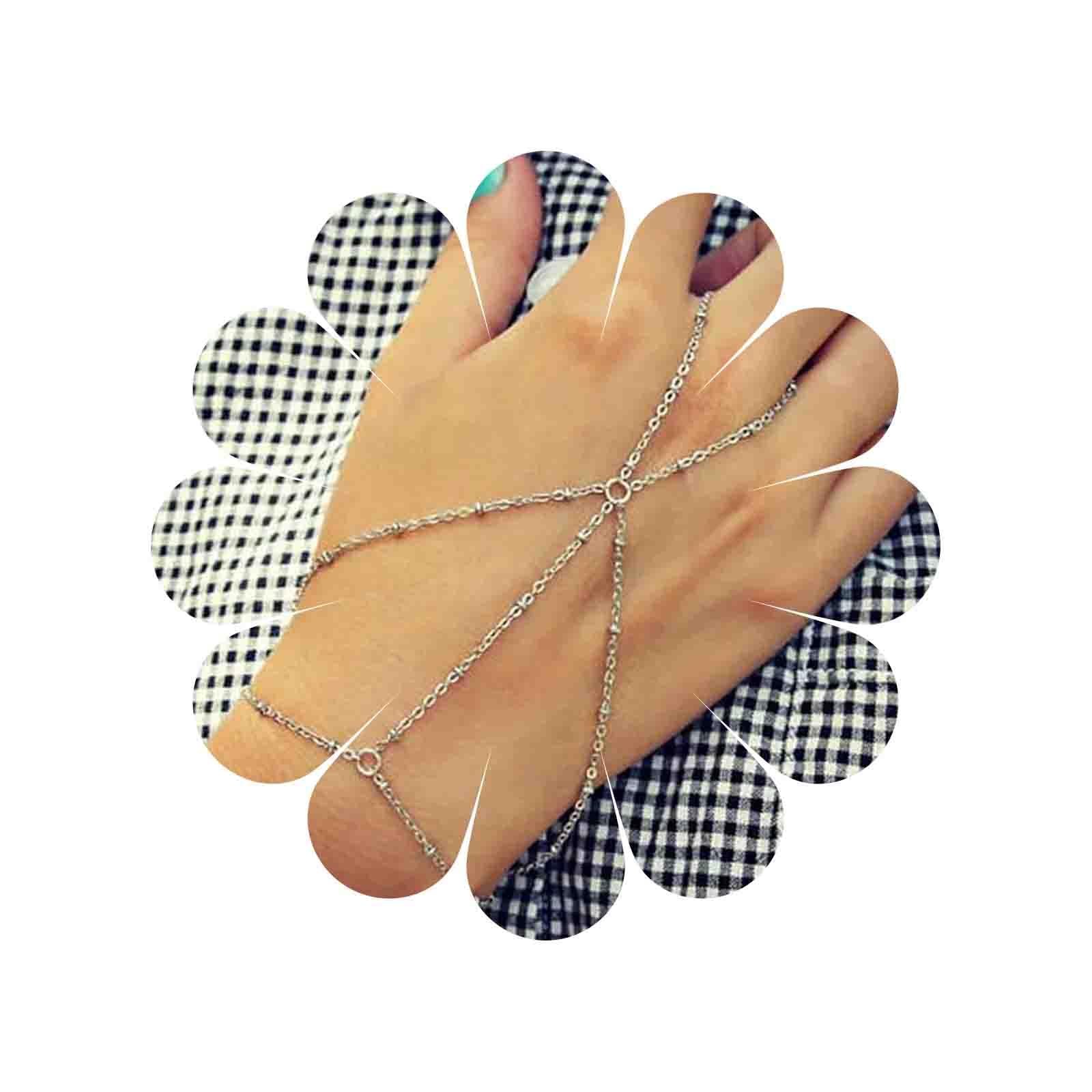 Yienate Fashion Multilayer Tassel Chain Finger Ring Bracelet Layered Bracelet Hand Bundle Slave Bracelet for Women and Girls (Silver)