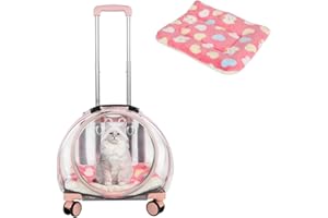 Pet Trolley Case, Cat Carrier with Wheels, Transparent Bubble Cat Carrier, with Cushions, Silent Wheels, Telescopic Handle an