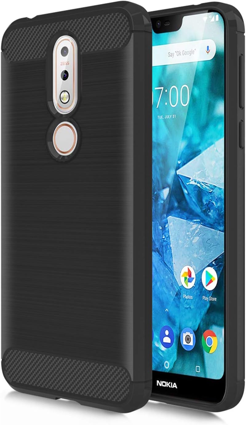 ACCTOP Suit for Nokia 7.1 Case Carbon Fiber Soft TPU Brushed Texture Elastic Full-Body Rubber Heavy Duty Protective case, Black