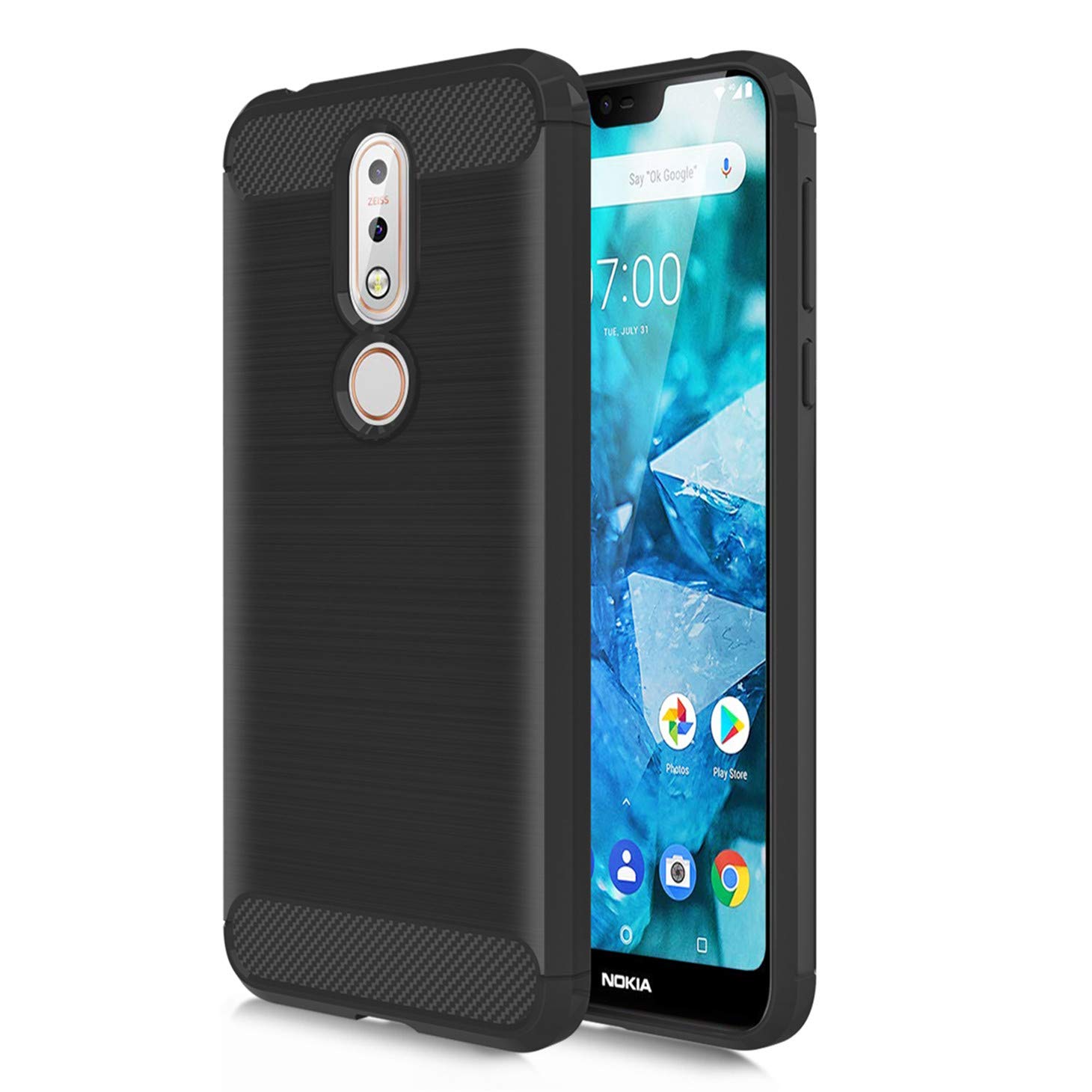 ACCTOP Suit for Nokia 7.1 Case Carbon Fiber Soft TPU Brushed Texture Elastic Full-Body Rubber Heavy Duty Protective case, Black