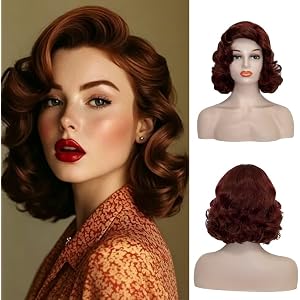 Kisayasi Brown 1940s Vintage Curly Wig for Women Retro Wavy Synthetic Hair Wig for Party Cosplay Costume Use