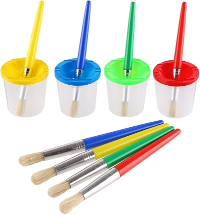 VEYLIN Paint Cups with Brushes 4 Anti Spill Lids 4 Paint Pots Kids Set