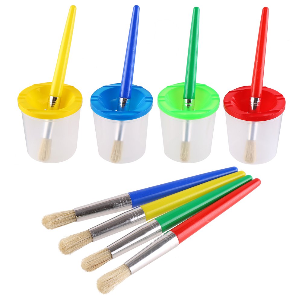 VEYLIN Paint Cups with Brushes, 4 Anti Spill Paint Pots with Lids and 4 Paint Brushes Set Children School Supplies，Perfect for Beginner or Experienced Painters, pot height 75mm