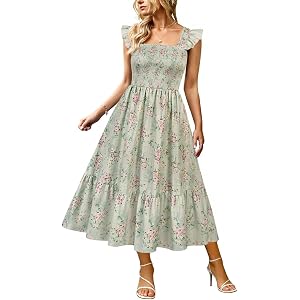 RITERA Plus Size Dress Women Summer Sleeveless Square Neck Smocked Ruffle Strap Midi Beach Sundress with Pocket XL-5XL