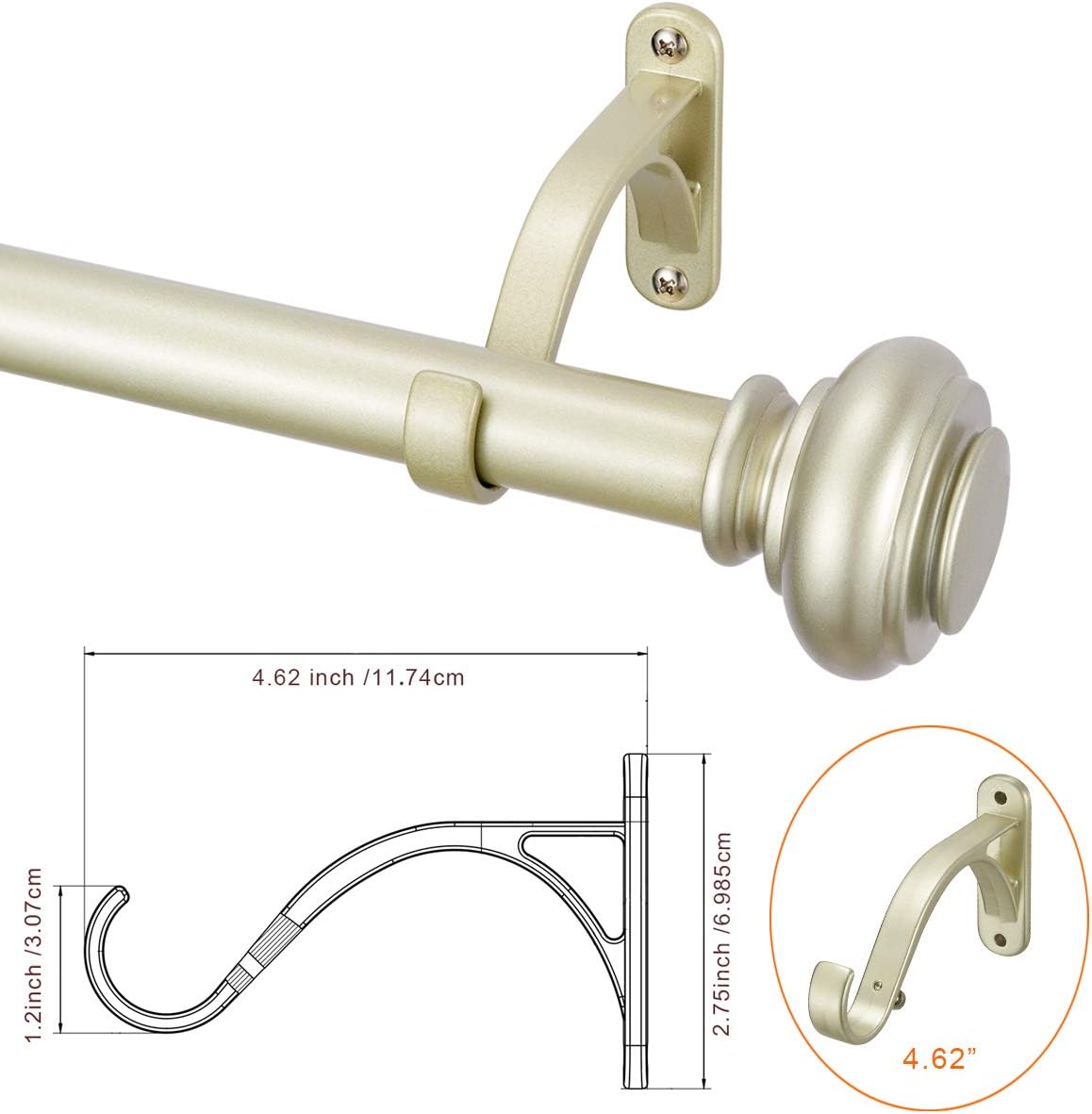 Vimayta 1 inch Curtain Rod with Resin Finials, 18-36 inches Classic Urn Adjustable Curtain Rod, Decorative Window Curtain Rod, Single Window Drapery Rods, Light Gold: Home & Kitchen