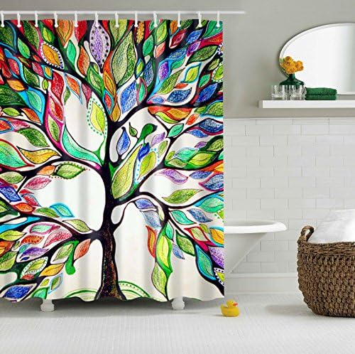 DOTZ Bathroom Shower &amp; Bronze Shower Ring Set - Tree of Life Fabric Shower Curtain AND Bronze Roller Shower Rings - Set of 12 Rings AND 1 70x70 inch Polyester Curtain