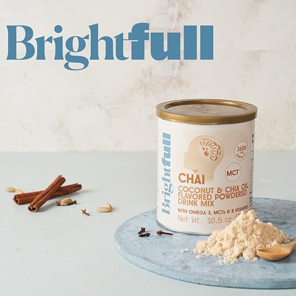 BRIGHTFULL CHAI, COCONUT, & CHIA OIL NUTRIENT BLEND – FLAVORED POWDERED DRINK MIX WITH OMEGA 3, MCTS, AND B VITAMINS (10.5OZ JAR)