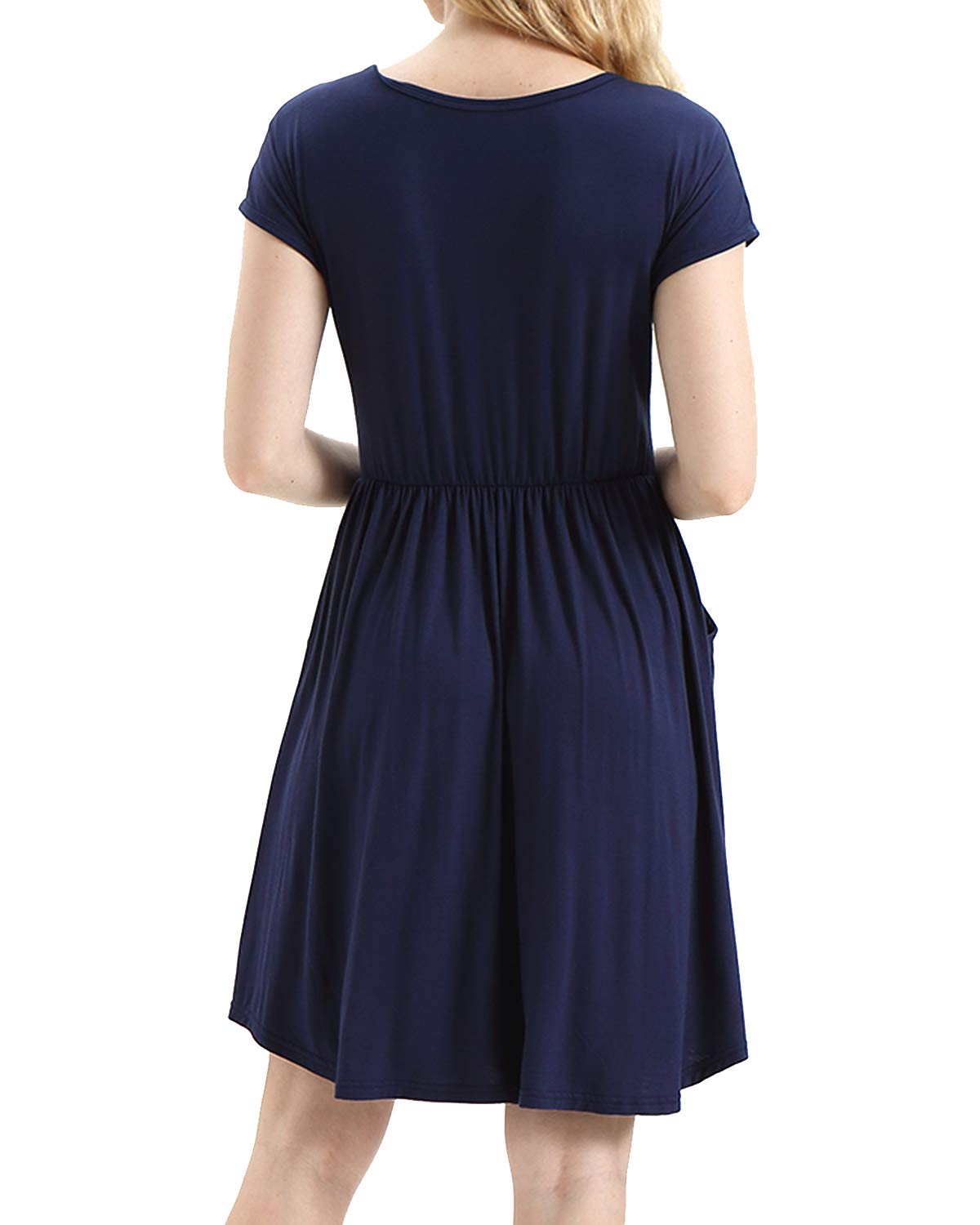 HUALAIMEI Dress Shirts for Women Business Casual, Ladies Scoop Neck Short Sleeve Midi Dresses Knee Length Comfy Long Tunic with Pockets Navy Blue L