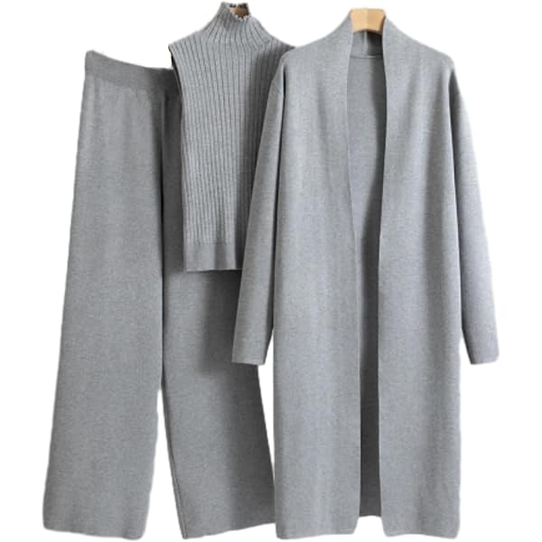 Chándal De Punto De 2 Piezas Para Mujer - Suéter De Cuello Alto Y Pantalones Anchos, Conjunto Cálido Para Otoño-Invierno