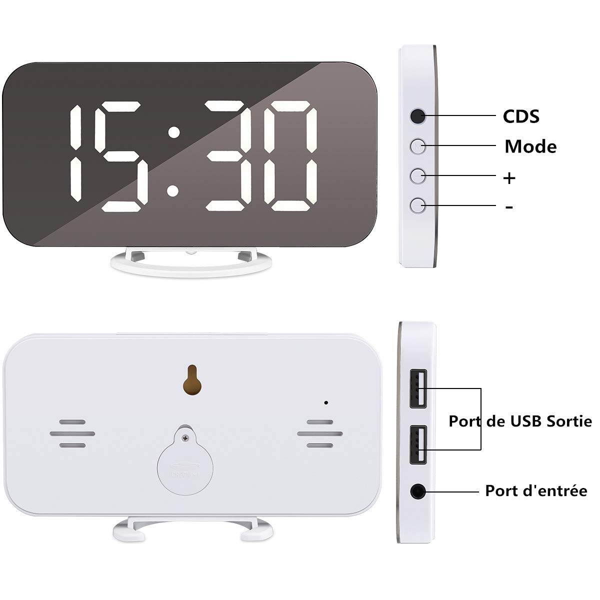 ACTOPP LED Réveil Numérique, Miroir Horlogue de Grand écran avec 3 Luminosités Réglables, Fonction Miroir Snooze et Double Ports USB pour Charger Téléphones