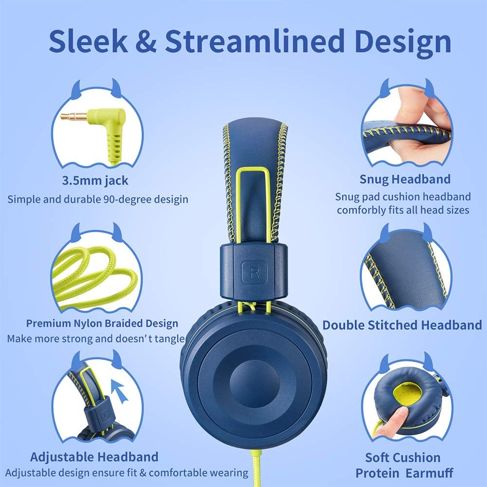 POWMEE M1 Kids Headphones Wired Headphone for Kids,Foldable Adjustable Stereo Tangle-Free,3.5MM Jack Wire Cord On-Ear Headphone for Children (Blue): Home Audio & Theater