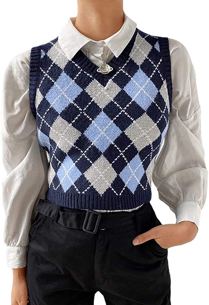 SMIMGOSweater Vest Women V Neck Sleeveless Argyle Plaid Knitted Jumper Pullover Crop Top Y2k Preppy Clothes Tank Gilet Streetwear (Color : Blue Plaid, Size : L)