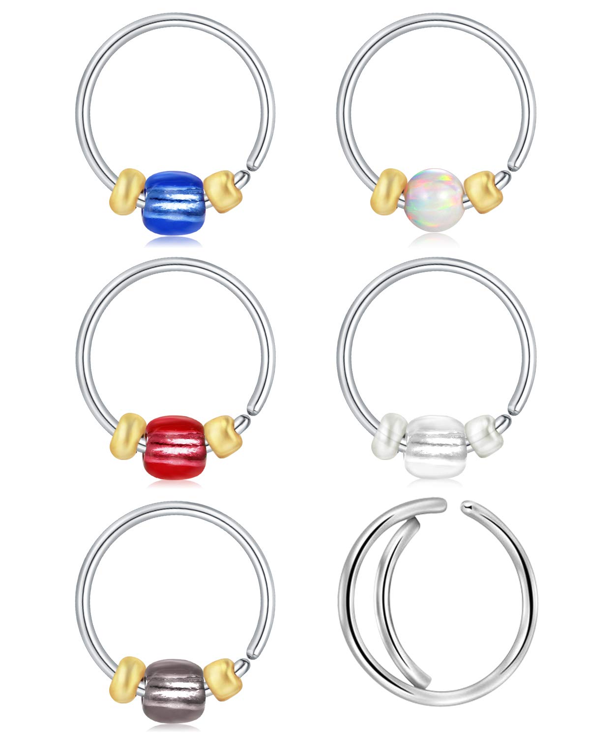 Briana Williams 6pcs 20G Nose Ring Hoop Fake 8mm Stainless Steel Cartilage Helix Tragus Hoop Nose Lip Piercing