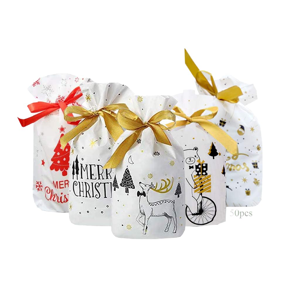 Anyingkai Pack of 50 Christmas Gift Bags with Drawstring Christmas Bags Sweets Christmas Gift Bags Christmas Bags Environmental Protection Material Reusable (Colour-C)
