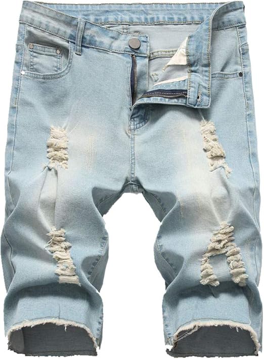 NOBRAND Men's Jeans Shorts Elastic Holes Edging Casual Shorts Blue