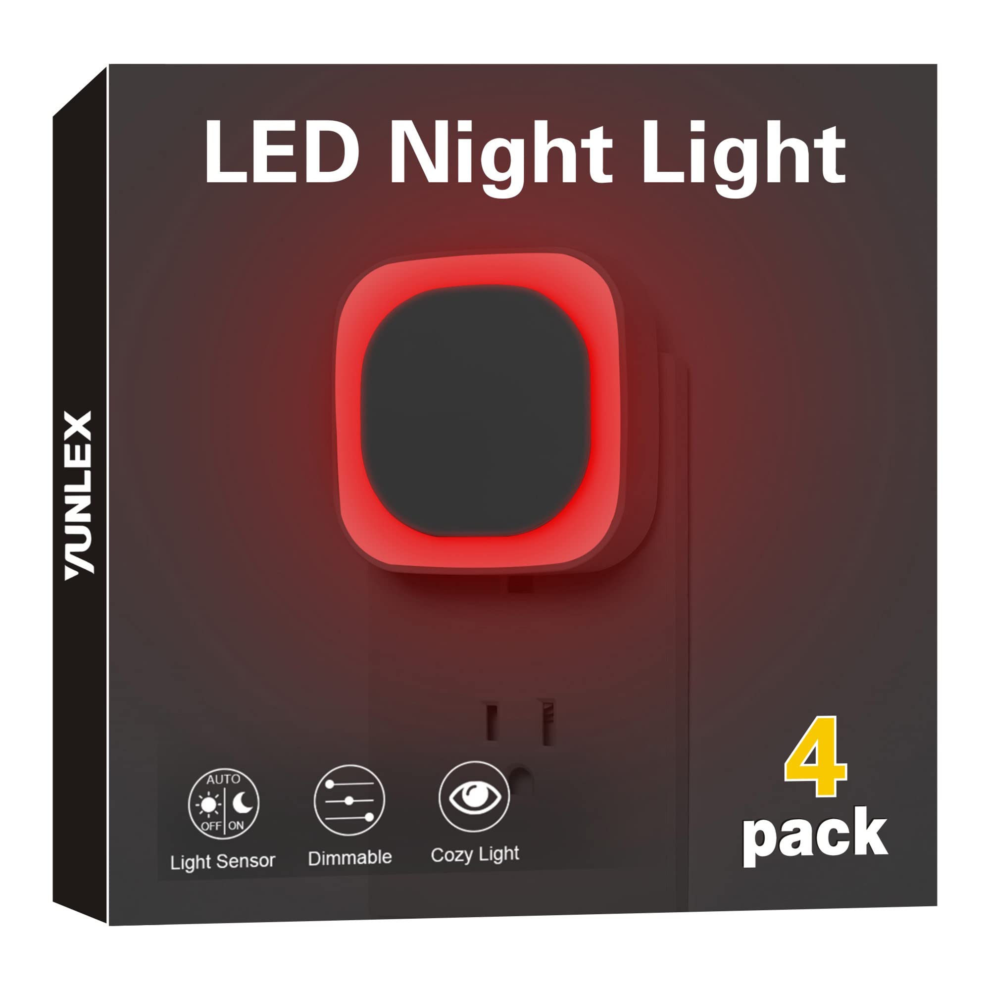 Photo 1 of YUNLEX 4 Pack Plug in Red Sleep Night Light, Auto Dusk to Dawn, Soft Glow, Dimmable Diffused Light, LED Lights for Bedroom, Sleep, Baby Nursery, Kids, Toddler, Bathroom, Hallway, Home Decor