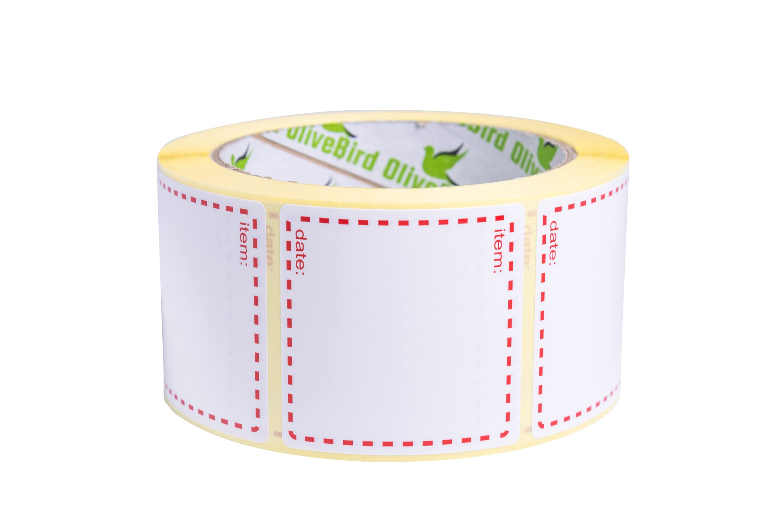 OliveBird 500 x Removable Labels On Roll, Size 50x50mm Square, White and Red Date Labels Use for Reusable Containers