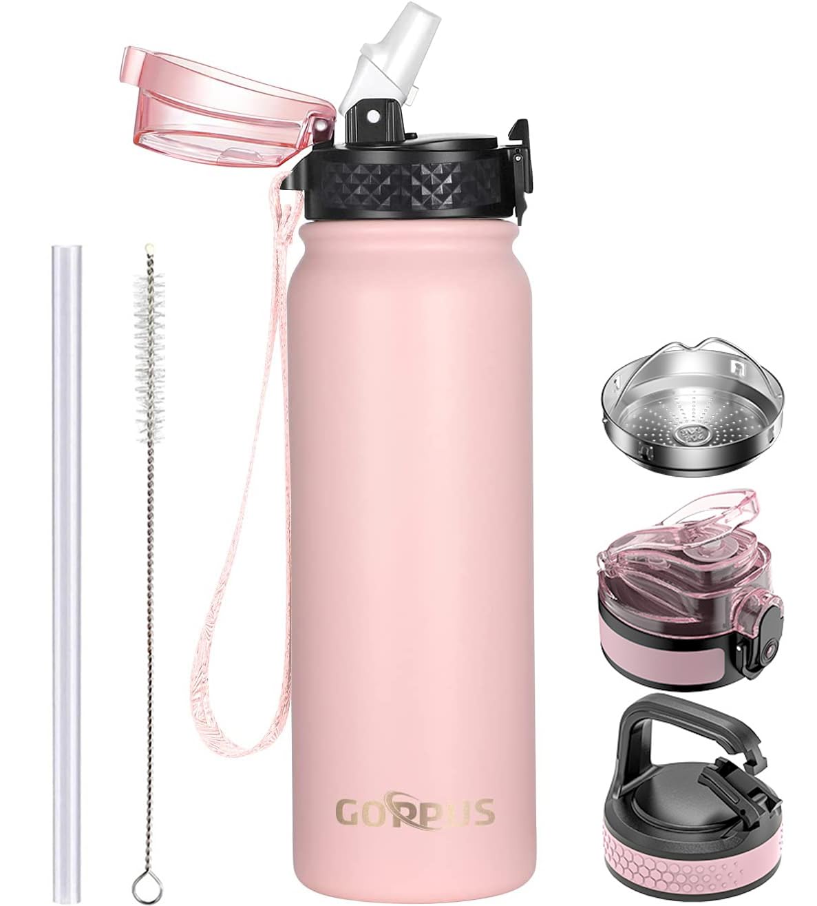 GOPPUS 600ml/20oz Stainless Water Bottle with Straw Double Wall Insulated Bottles with Strap One Hand Open Vacuum Thermal Flask Leakproof Keep Cold Bottles with Flip Top Lid BPA Free (Pink)