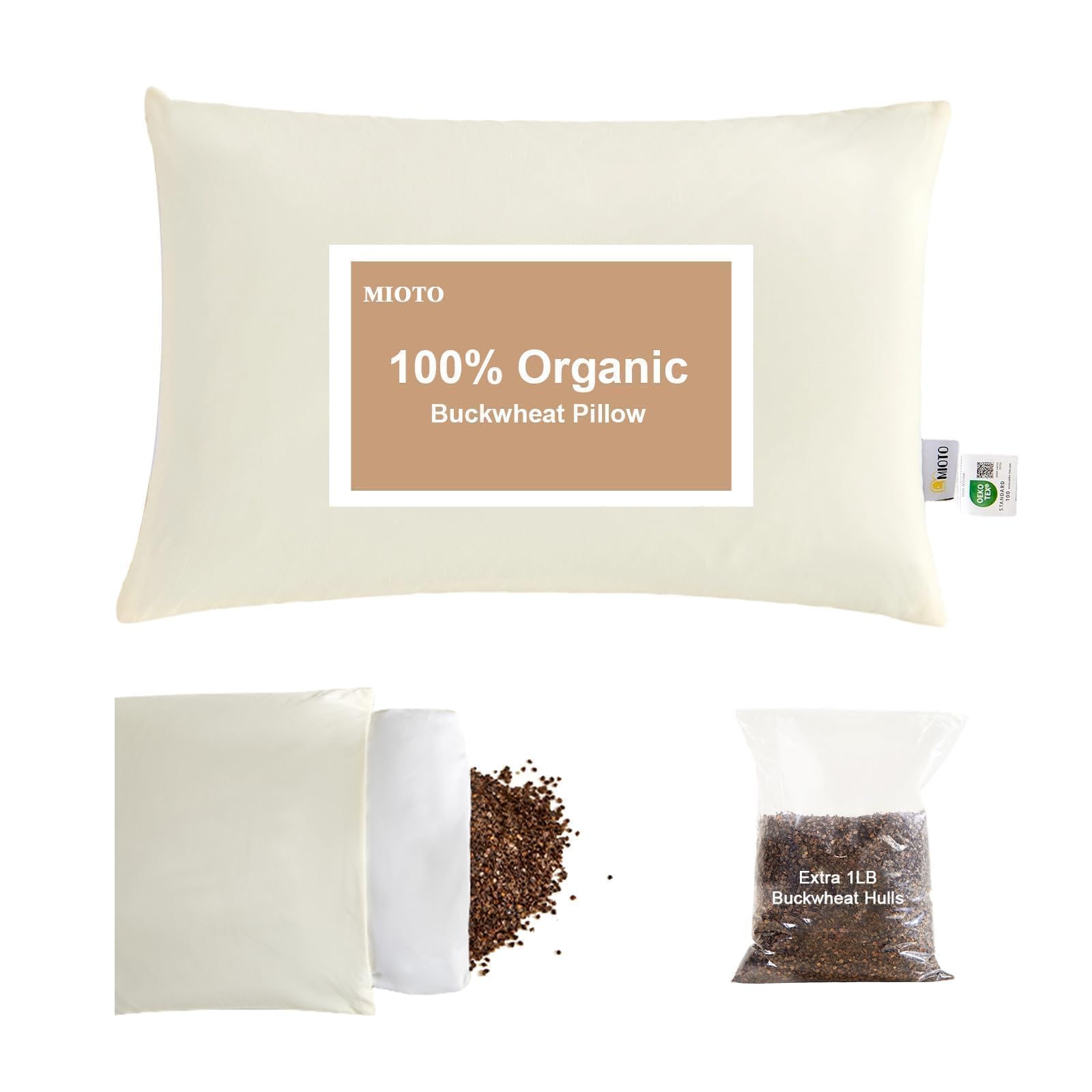 Photo 1 of MIOTO Organic Buckwheat Pillow for Sleeping with Dual-Layer Pillowcase and Extra Tartary Buckwheat Hulls, Adjust Height and Firmness, Neck Support Pillow for Back and Side Sleepers 14"x20"