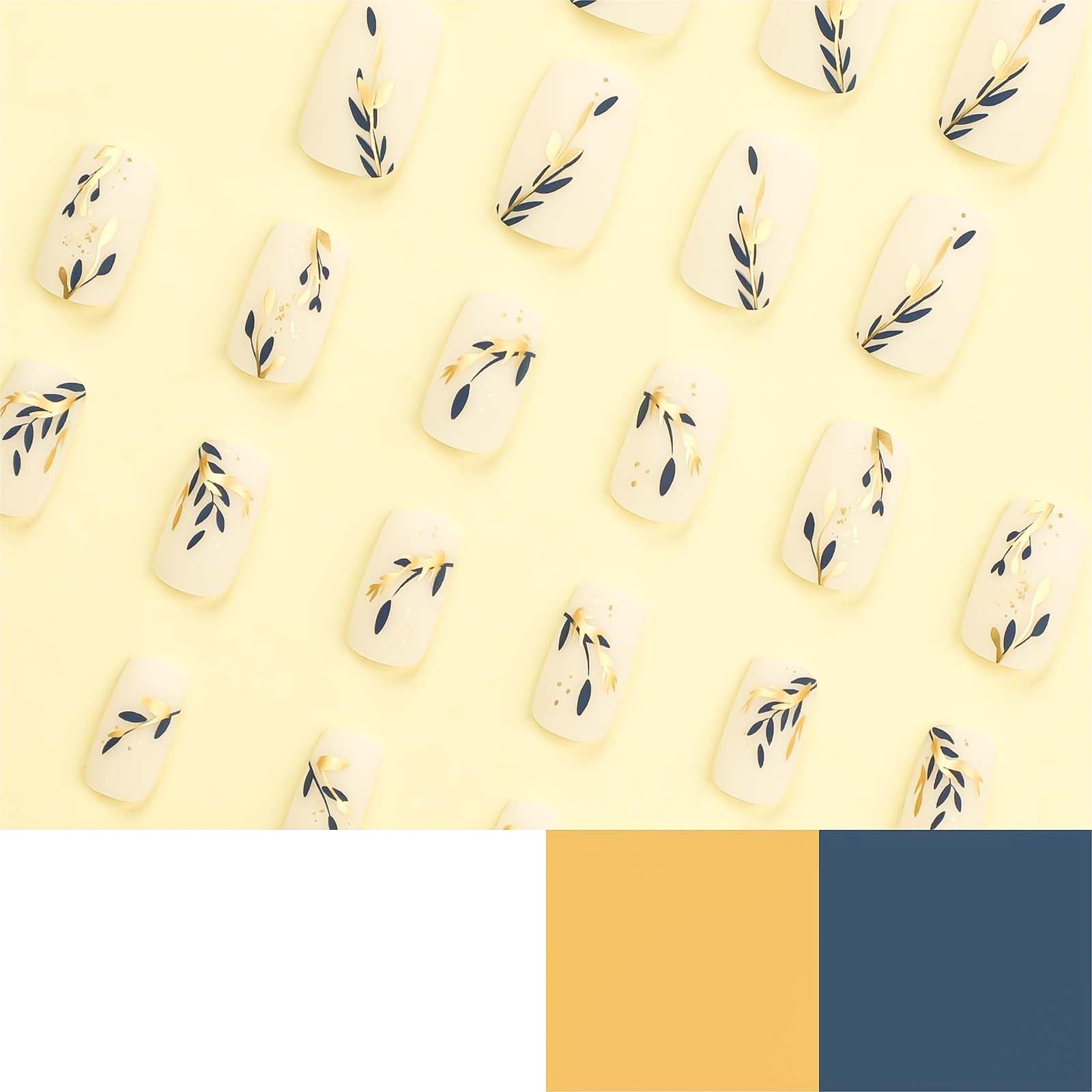 RUOKEXIN 24Pcs White Square Press-on Nails with Gold Blue Leaf Designs, Glossy Acrylic False Nails, 12 Different Sizes, 1 Fl Oz (Pack of 24), 18 Sets - Image 5
