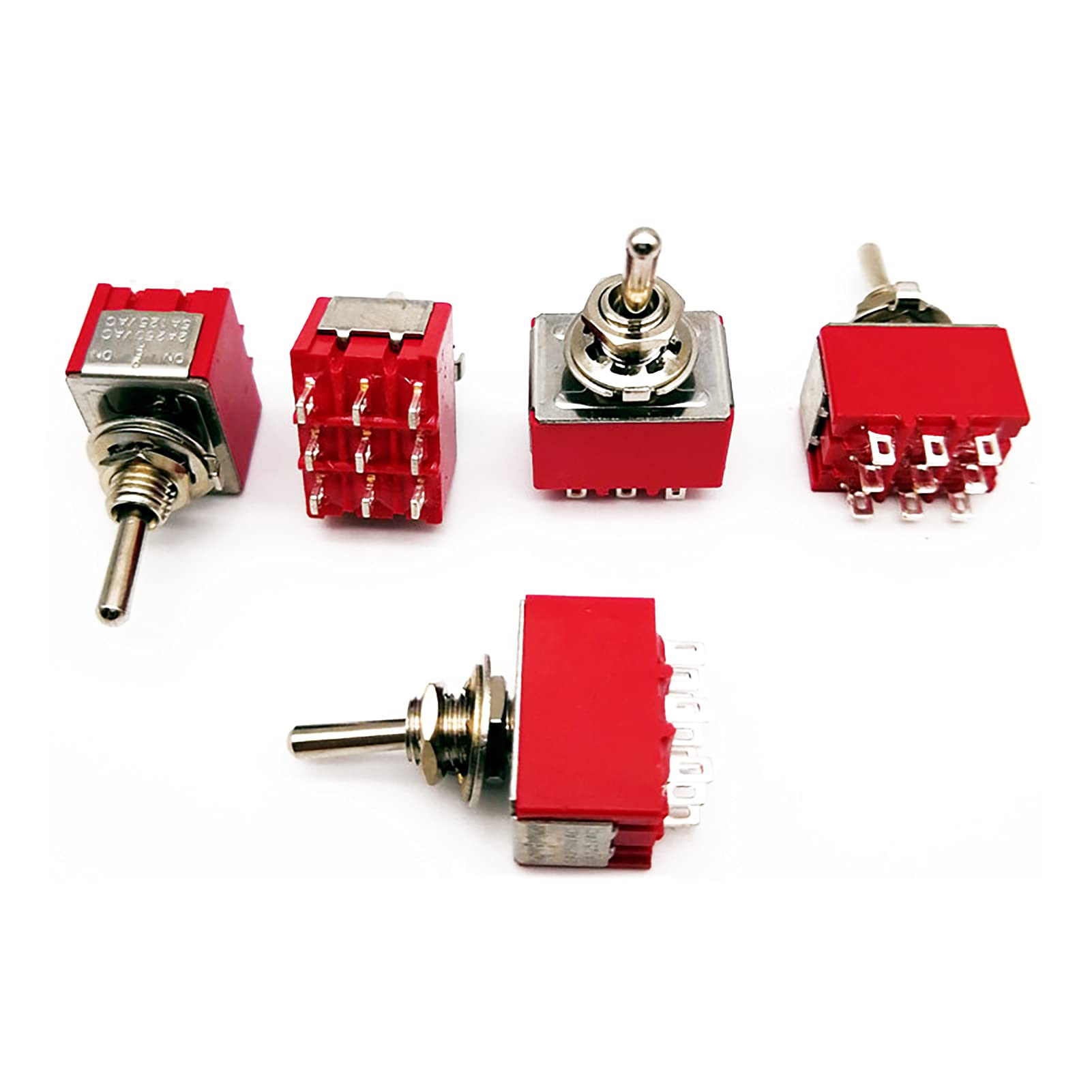 Ticfox 5Pcs Multiple Toggle Switches Self-Locking Toggle Switches Red Mini 9 Pins 3 Positions Toggle Switch ON-ON DPDT Push Button Switches 120V/5A 250V/2A