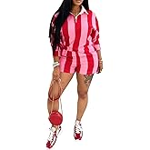 Weafmlia Women's Summer Tracksuits 2 PCS Striped Color Block Lapel Neck Button Long Sleeve Top Elastic Waisted Shorts Set